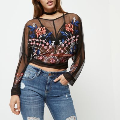 Black mesh floral embroidered batwing top